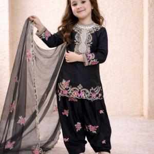 Girls Black Embroidered Kurta Salwar Set with Dupatta