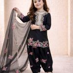 Girls Black Embroidered Kurta Salwar Set with Dupatta