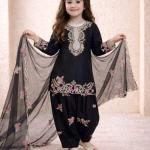 Girls Black Embroidered Kurta Salwar Set with Dupatta