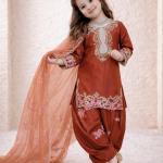 Girls Rust Orange Embroidered Kurta Salwar Set with Dupatta