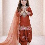 Girls Rust Orange Embroidered Kurta Salwar Set with Dupatta