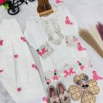Girls Off White Embroidered Kurta Salwar Set with Dupatta