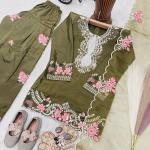 Girls Olive Green Embroidered Kurta Salwar Set with Dupatta