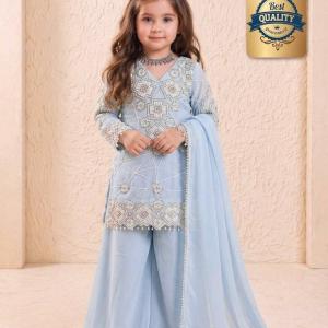 Girls Powder Blue Embroidered Kurta Palazzo Set with Dupatta