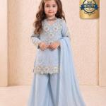 Girls Powder Blue Embroidered Kurta Palazzo Set with Dupatta