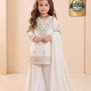 Girls Off White Embroidered Kurta Palazzo Set with Dupatta