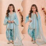Girls Sky Blue Embroidered Kurta Patiala Set with Dupatta