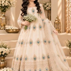 Girls Cream Embroidered Anarkali Dress with Dupatta