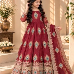 Girls Maroon Anarkali Dress with Dupatta