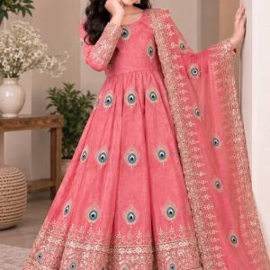 Girls Peach Pink Anarkali Gown with Dupatta