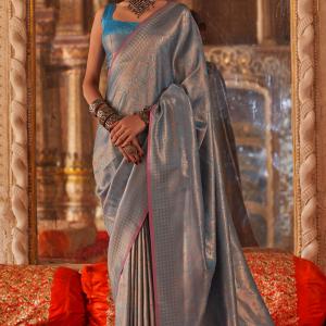 Sempiternal Firozi Kanjivaram Silk Saree With Vestigial Blouse Piece