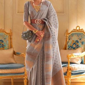 Surreptitious Grey Soft Banarasi Silk Saree With Splendorous Blouse Piece