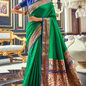 Preferable Green Paithani Silk Saree With Verdant Blouse Piece