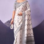 Ebullience White and Black Cotton Silk Saree With Scrupulous Blouse Piece