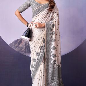 Flattering White and Black Cotton Silk Saree With Divine Blouse Piece