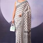 Designer White and Black Cotton Silk Saree With Charismatic Blouse Piece