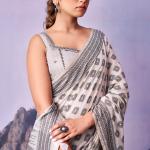 Designer White and Black Cotton Silk Saree With Charismatic Blouse Piece