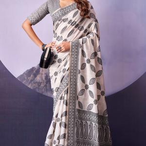 Ornate White and Black Cotton Silk Saree With Lagniappe Blouse Piece