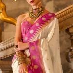 Panache Beige Soft Banarasi Silk Saree With Embellished Blouse Piece