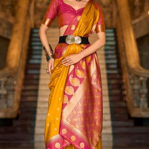 Gratifying Yellow Soft Banarasi Silk Saree With Staggering Blouse Piece