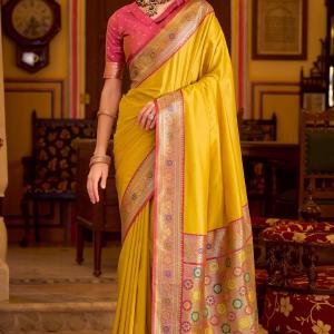 Engaging Yellow Pure Zari Weaving Banarasi Silk Saree With Vivacious Blouse Piece