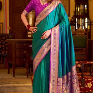 Refreshing Rama Pure Zari Weaving Banarasi Silk Saree With Lassitude Blouse Piece