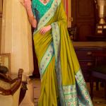 Prominent Mehndi Pure Zari Weaving Banarasi Silk Saree With Precious Blouse Piece
