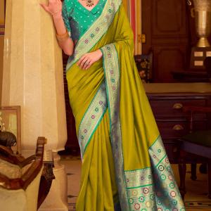 Prominent Mehndi Pure Zari Weaving Banarasi Silk Saree With Precious Blouse Piece