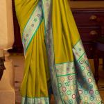 Prominent Mehndi Pure Zari Weaving Banarasi Silk Saree With Precious Blouse Piece