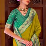 Prominent Mehndi Pure Zari Weaving Banarasi Silk Saree With Precious Blouse Piece