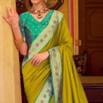 Prominent Mehndi Pure Zari Weaving Banarasi Silk Saree With Precious Blouse Piece