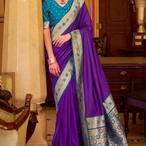 Forbearance Royal Purple Pure Zari Weaving Banarasi Silk Saree With Beleaguer Blouse Piece