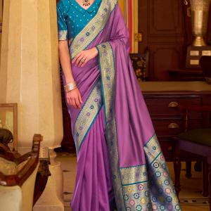 Inspiring Lavender Pure Zari Weaving Banarasi Silk Saree With Opulent Blouse Piece