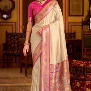 Vibrant Beige Pure Zari Weaving Banarasi Silk Saree With Dazzling Blouse Piece
