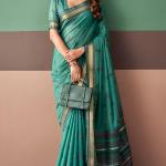 Glittering Sea Green Cotton Silk Saree With Desirable Blouse Piece