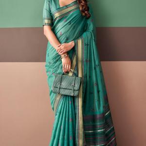 Glittering Sea Green Cotton Silk Saree With Desirable Blouse Piece