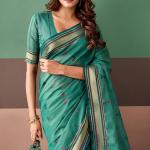 Glittering Sea Green Cotton Silk Saree With Desirable Blouse Piece