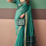 Glittering Sea Green Cotton Silk Saree With Desirable Blouse Piece