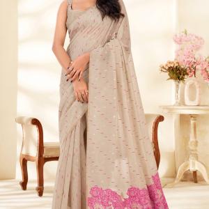 Smashing Beige Pure Munga Cotton Saree With Opulent Blouse Piece