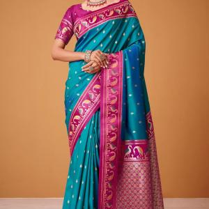 Flamboyant Blue Banarasi Satin Silk Saree With Verdant Blouse