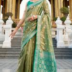 Unequalled Mehndi Soft Banarasi Silk Saree With Serendipity Blouse Piece