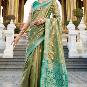 Unequalled Mehndi Soft Banarasi Silk Saree With Serendipity Blouse Piece