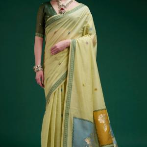 Inimitable Lemon Jamdani Cotton Silk Saree With Symmetrical Blouse Piece