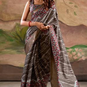 Verdant Dark Grey Digital Printed Dola Silk Saree With Mellifluous Blouse Piece