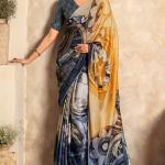 Staring Mustard and Blue Digital Printed Satin Silk Saree With Demanding Blouse Piece