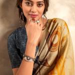 Staring Mustard and Blue Digital Printed Satin Silk Saree With Demanding Blouse Piece