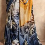 Staring Mustard and Blue Digital Printed Satin Silk Saree With Demanding Blouse Piece