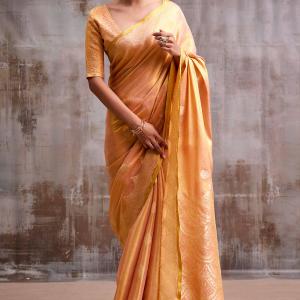 Luminous Peach Banarasi Tissue Silk Saree With Intricate Blouse Piece