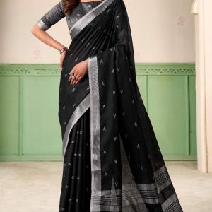 Twirling Black Cotton Silk Saree With Enigmatic Blouse Piece