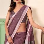 Gorgeous Lavender Cotton Silk Saree With Profuse Blouse Piece